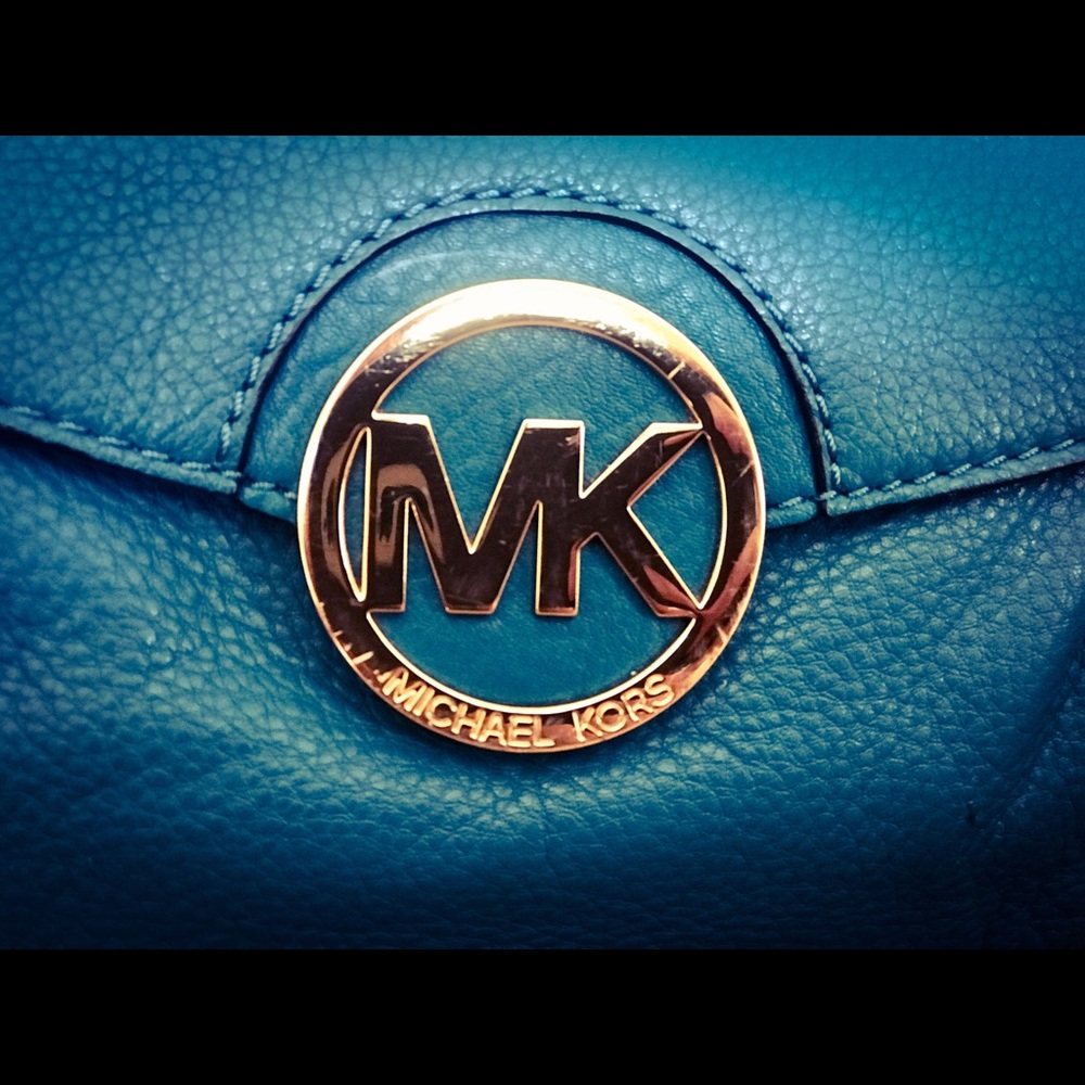 Michael Kors Teal Shoulder Bag with Gold MK Medallion